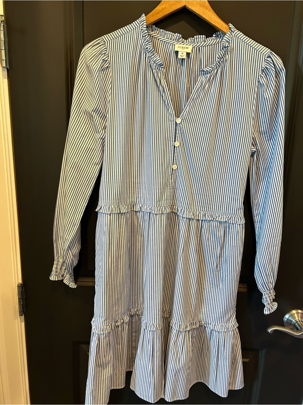J. Crew Blue and White Striped Ruffle Collar Blouse